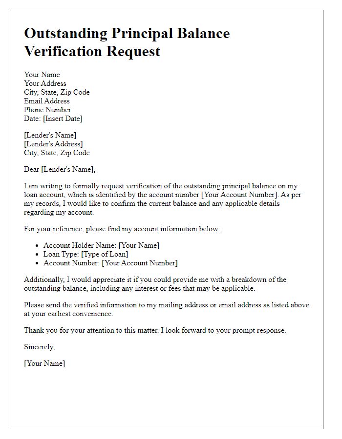 Letter template of outstanding principal balance verification request