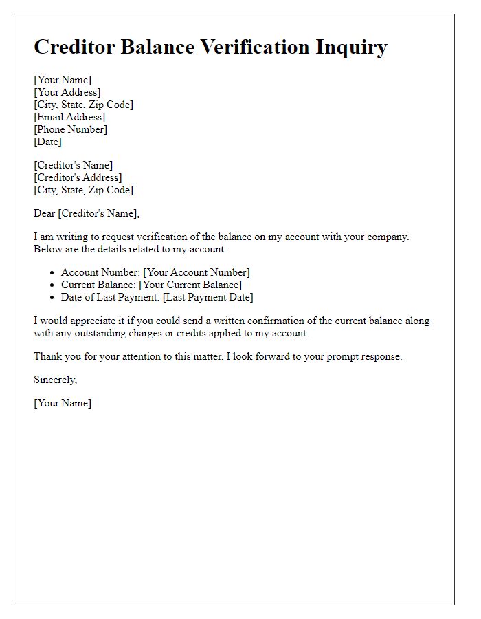 Letter template of creditor balance verification inquiry