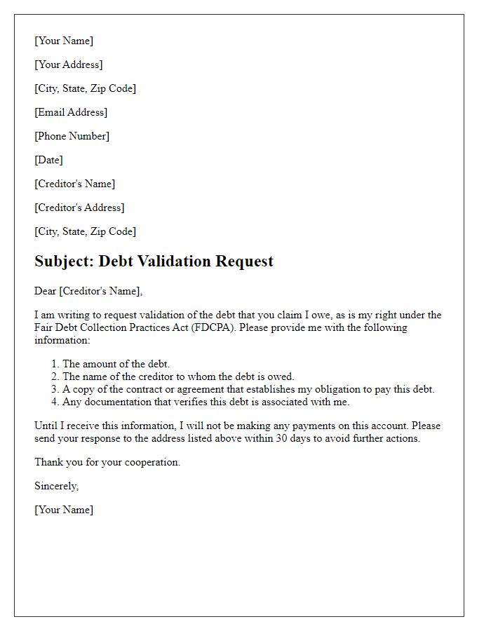 Letter template of creditor debt validation request