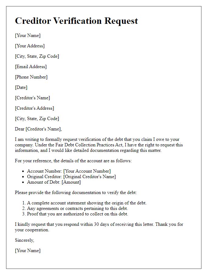 Letter template of formal creditor verification request