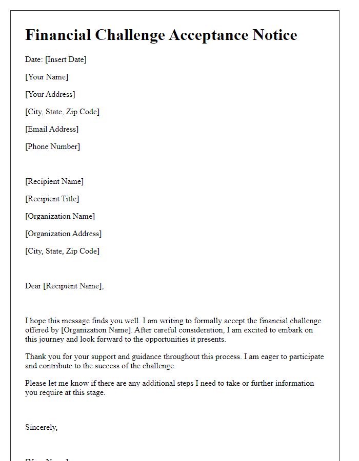 Letter template of Financial Challenge Acceptance Notice