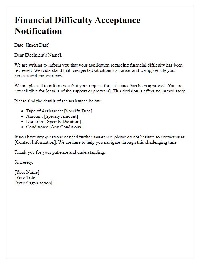 Letter template of Financial Difficulty Acceptance Notification