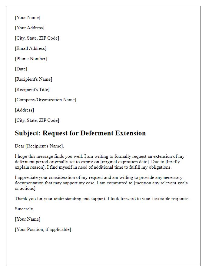 Letter template of professional request for a deferment extension