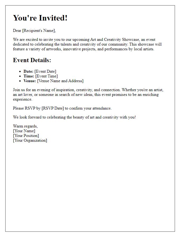 Letter template of invitation for art and creativity showcase