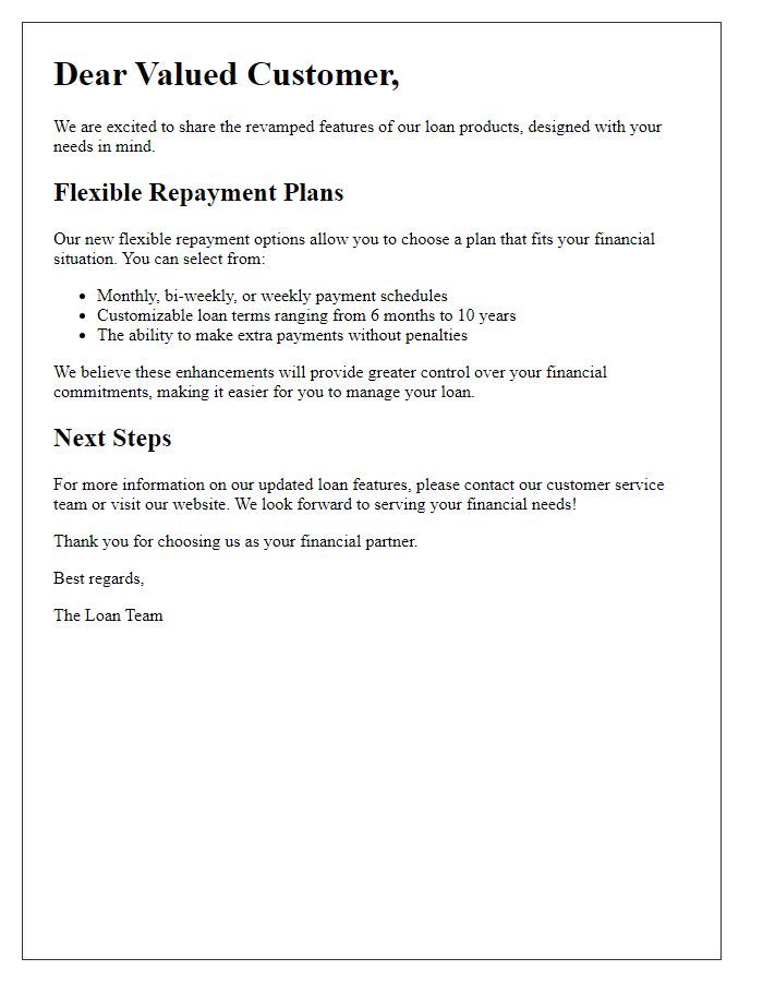 Letter template of revamped loan features emphasizing flexible repayment plans.