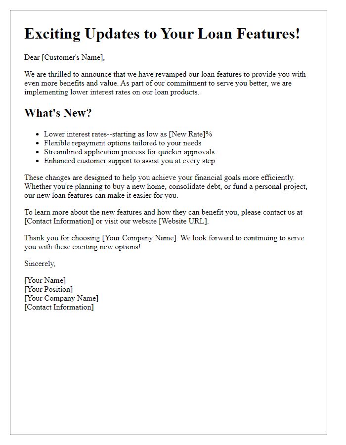 Letter template of revamped loan features highlighting lower interest rates.