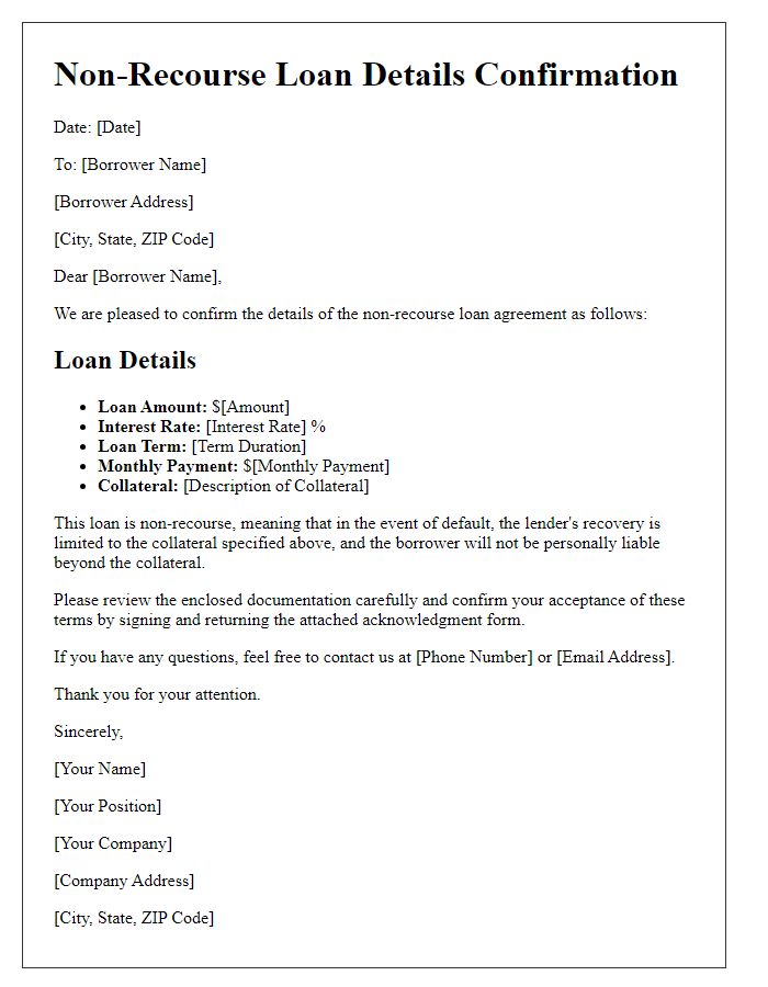 Letter template of non-recourse loan details confirmation