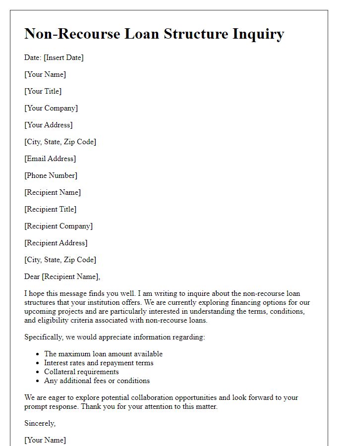 Letter template of non-recourse loan structure inquiry