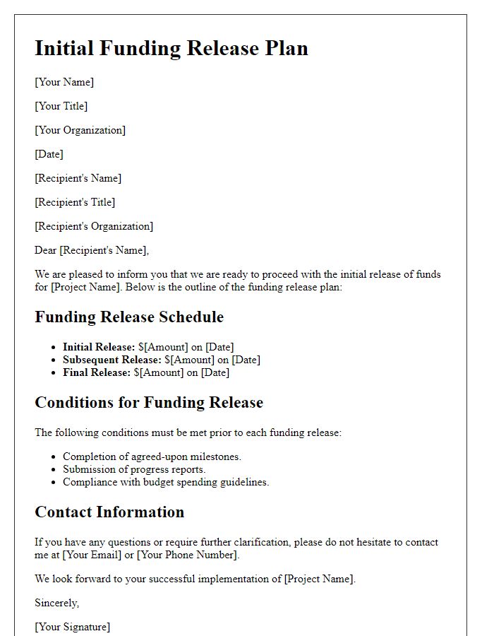 Letter template of initial funding release plan