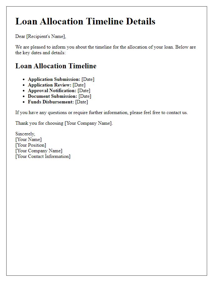 Letter template of loan allocation timeline details