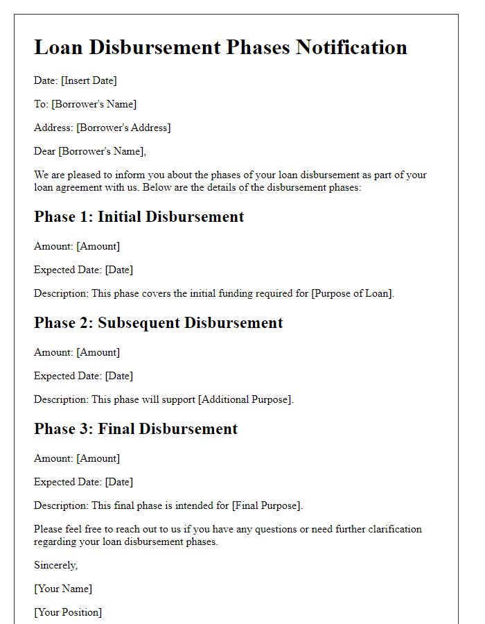 Letter template of loan disbursement phases