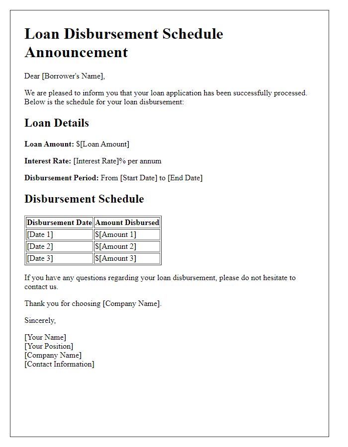 Letter template of loan disbursement schedule announcement