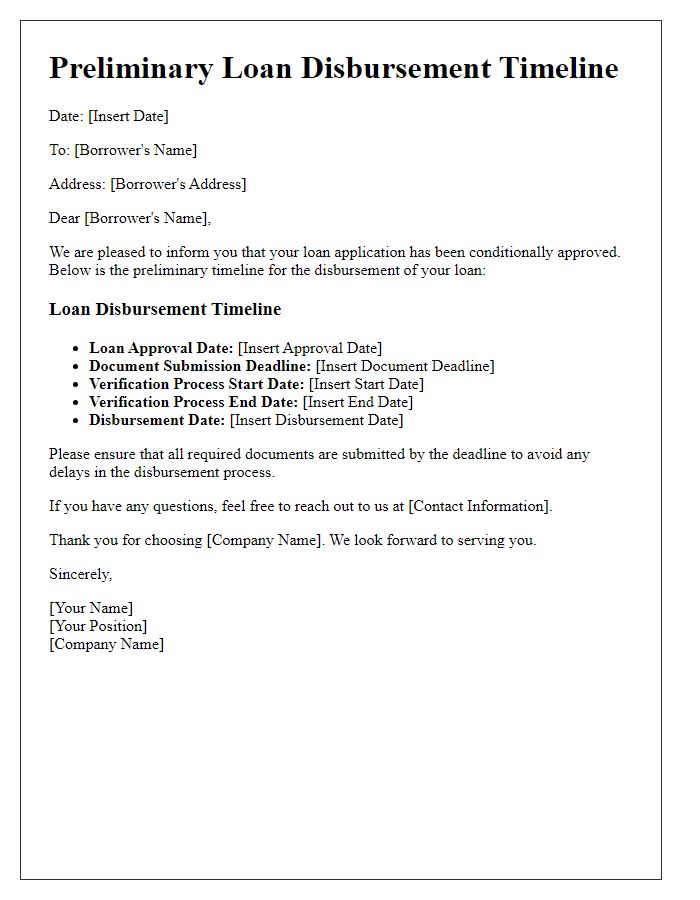 Letter template of preliminary loan disbursement timeline