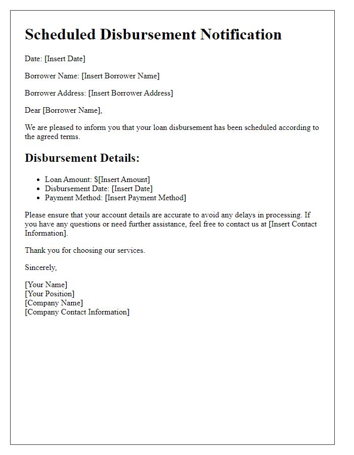 Letter template of scheduled disbursement for borrower