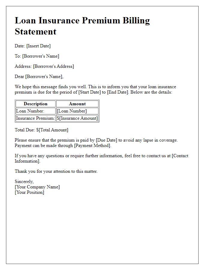 Letter template of loan insurance premium billing statement