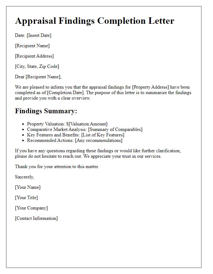 Letter template of appraisal findings completion letter