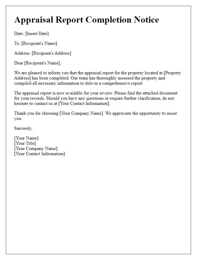 Letter template of appraisal report completion notice