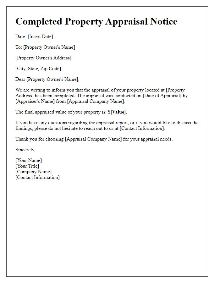 Letter template of completed property appraisal notice