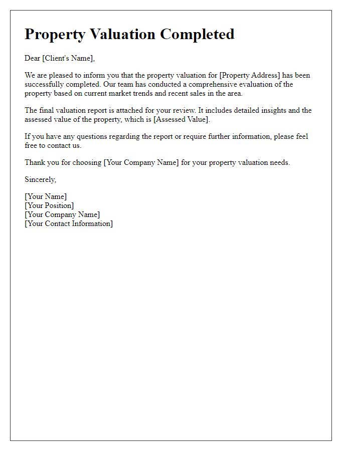 Letter template of completed property valuation communication