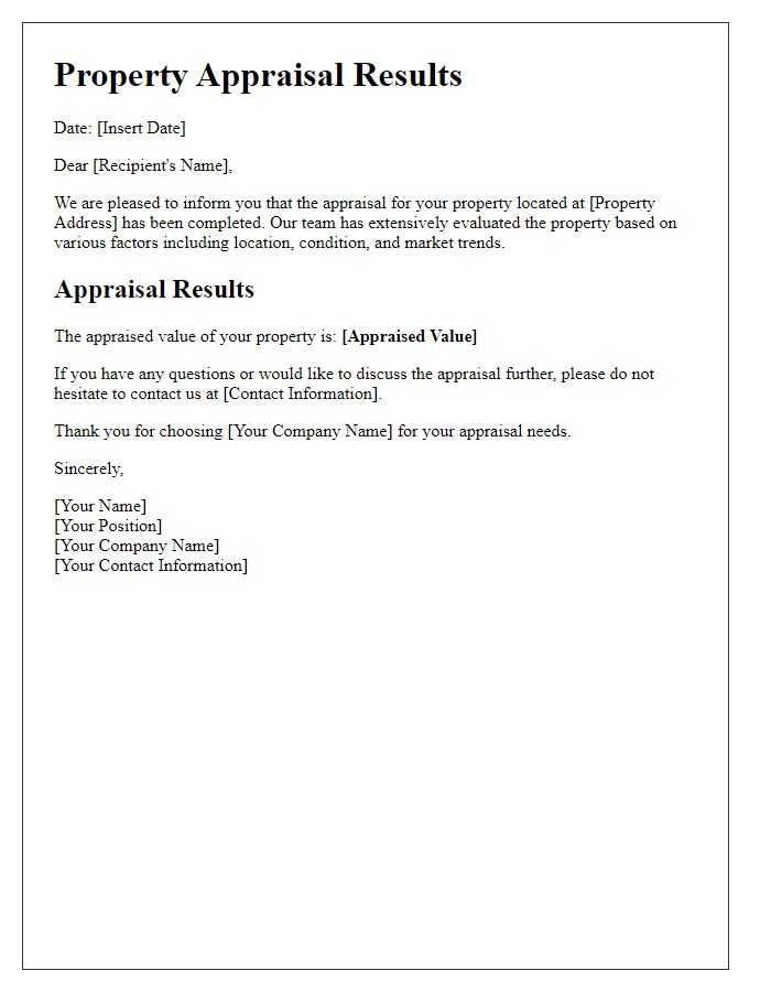 Letter template of property appraisal results announcement