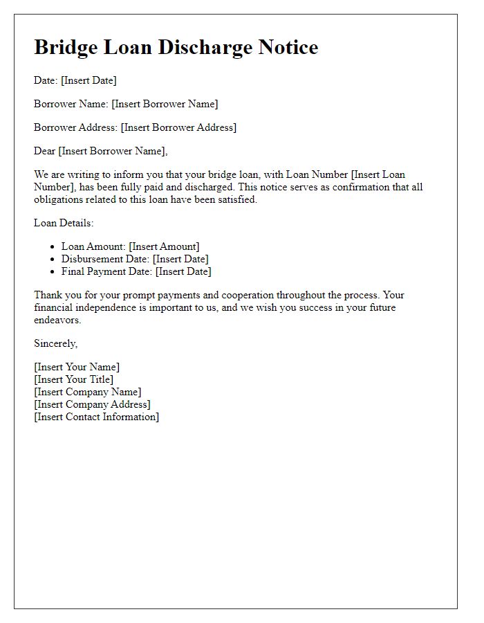 Letter template of bridge loan discharge notice