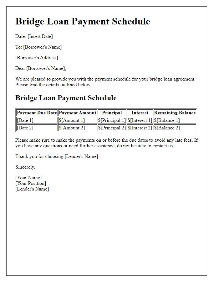 Letter template of bridge loan payment schedule