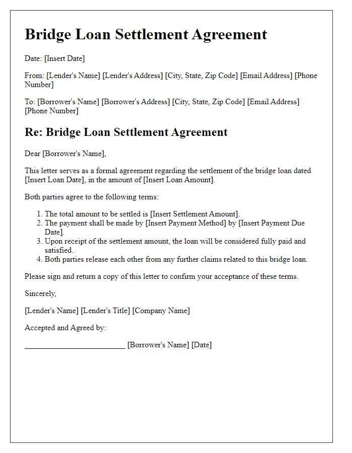 Letter template of bridge loan settlement agreement