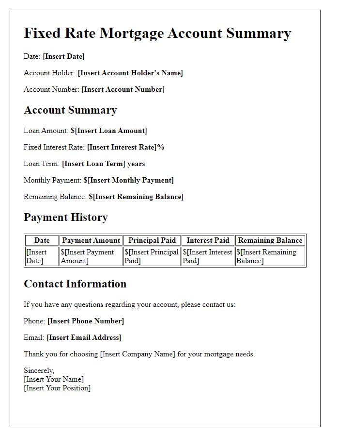 Letter template of fixed rate mortgage account summary