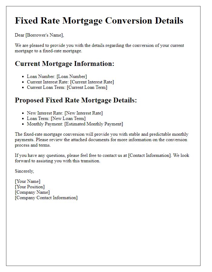 Letter template of fixed rate mortgage conversion details