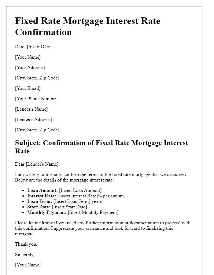 Letter template of fixed rate mortgage interest rate confirmation