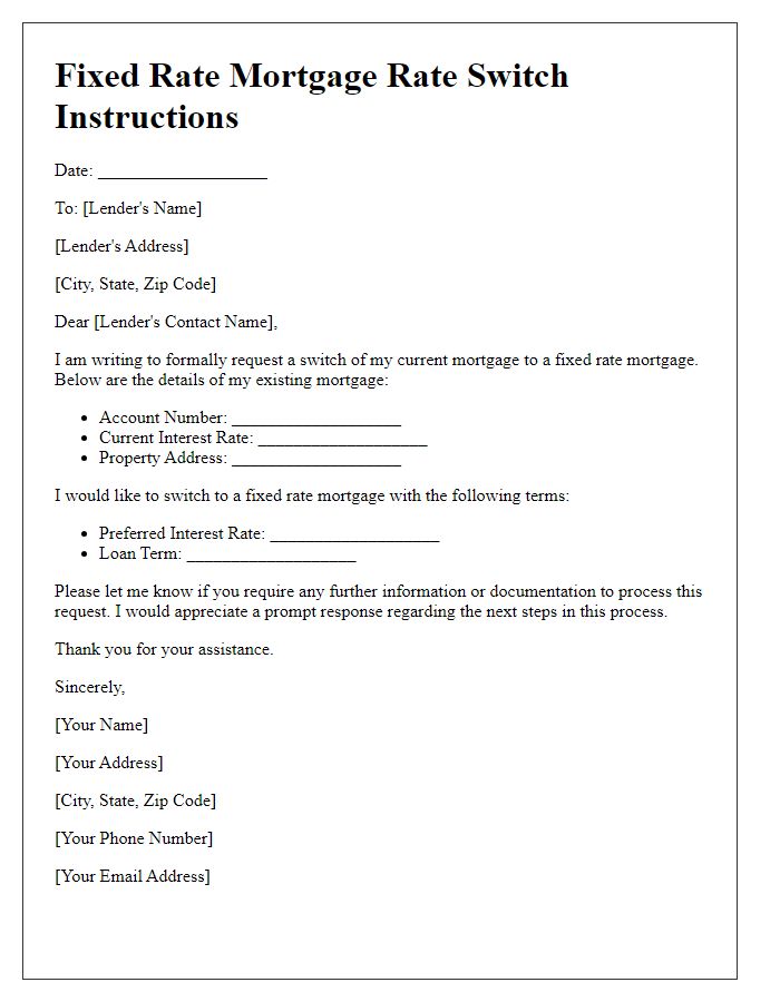 Letter template of fixed rate mortgage rate switch instructions