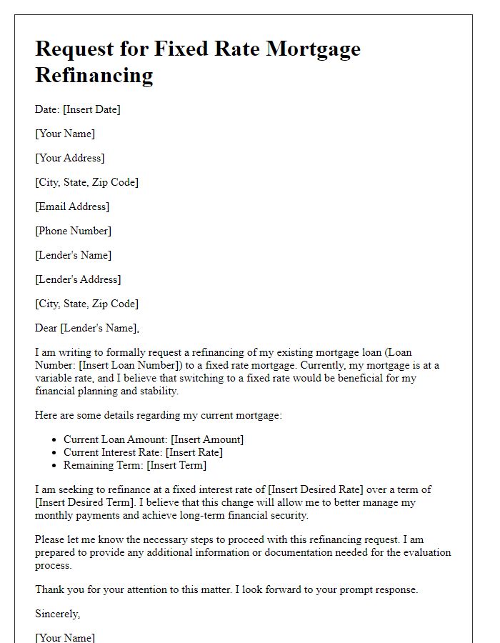 Letter template of fixed rate mortgage refinancing request