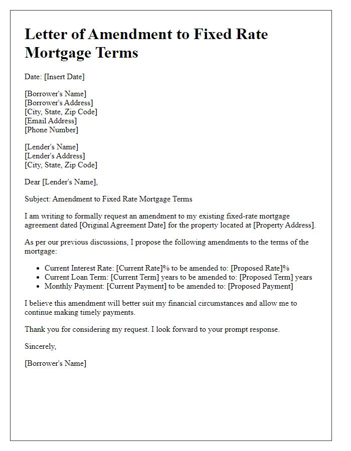 Letter template of fixed rate mortgage terms amendment