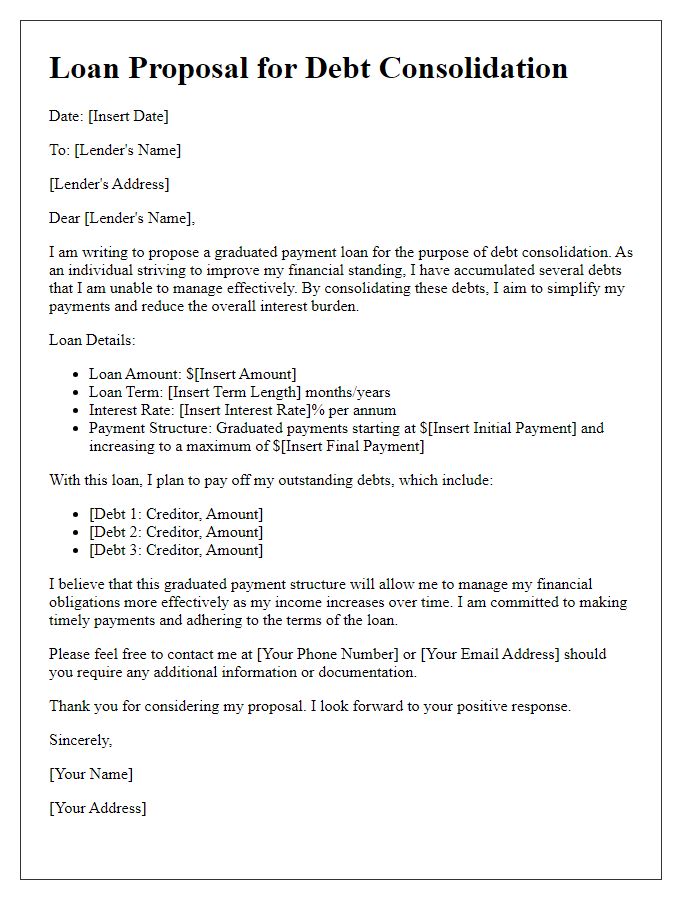 Letter template of graduated payment loan proposal for debt consolidation.