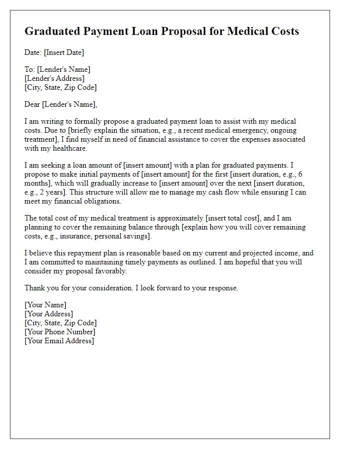 Letter template of graduated payment loan proposal for medical costs.