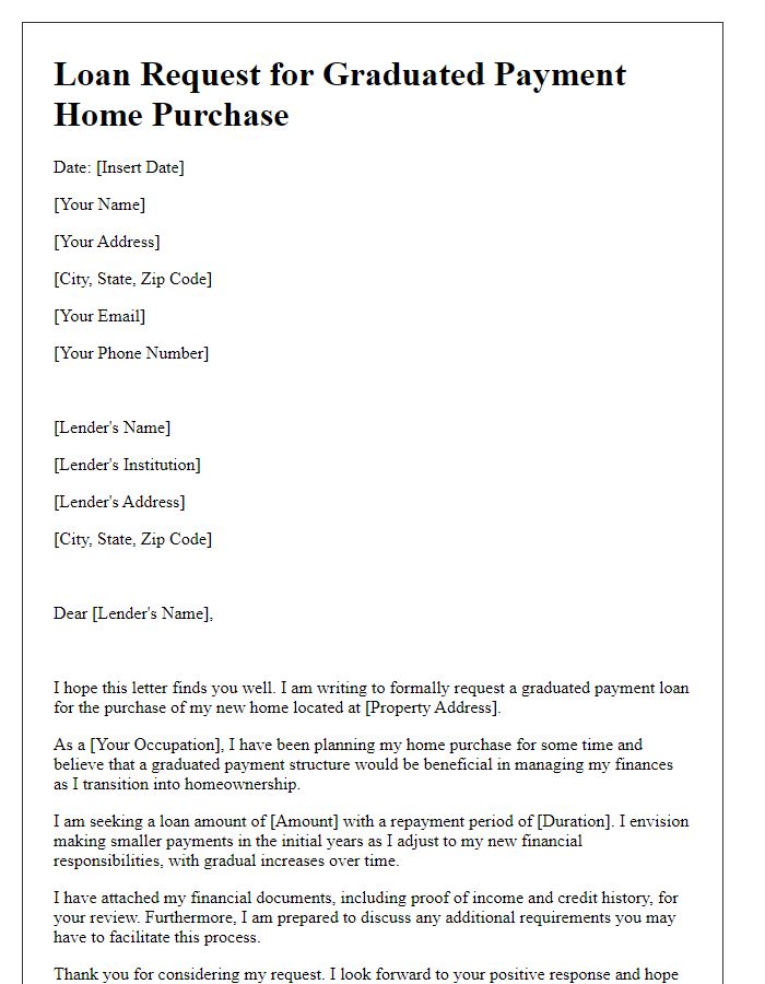 Letter template of graduated payment loan request for home purchase.