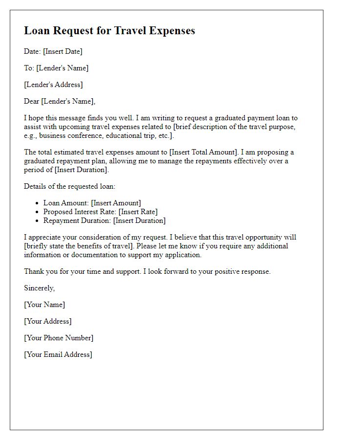 Letter template of graduated payment loan request for travel expenses.