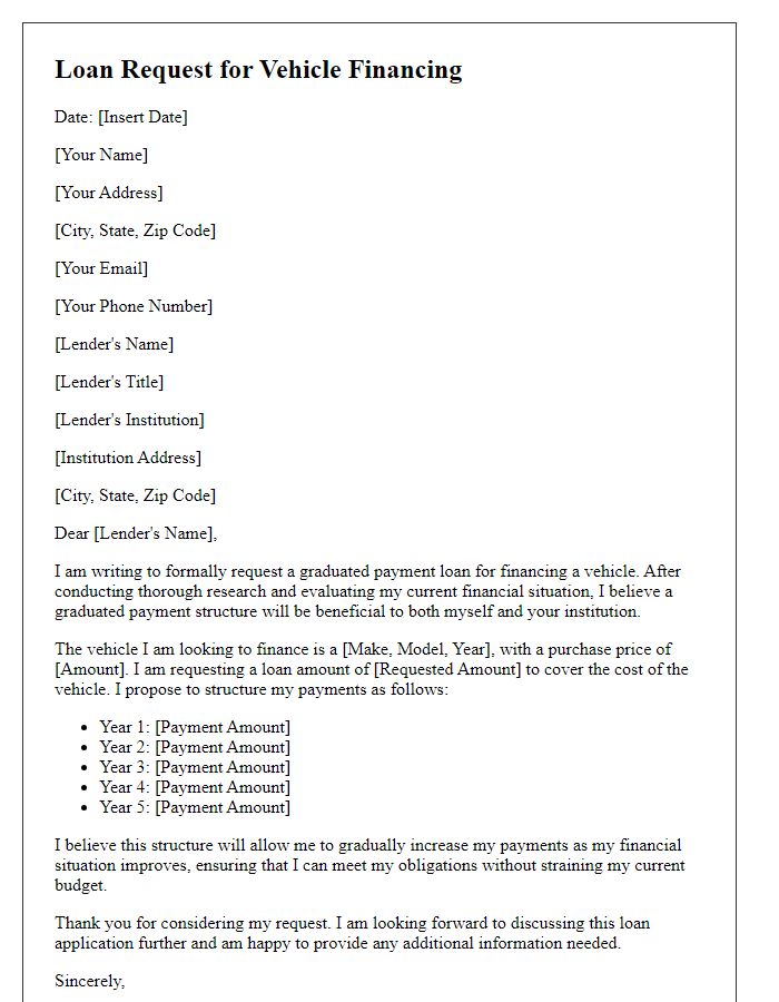 Letter template of graduated payment loan request for vehicle financing.