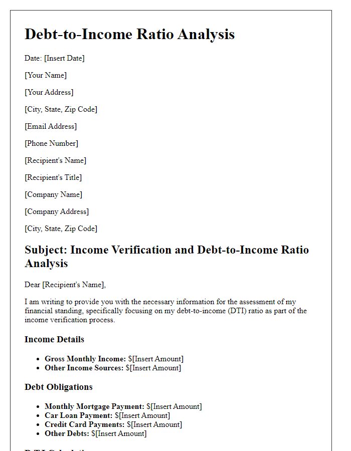 Letter template of debt-to-income ratio analysis for income verification.