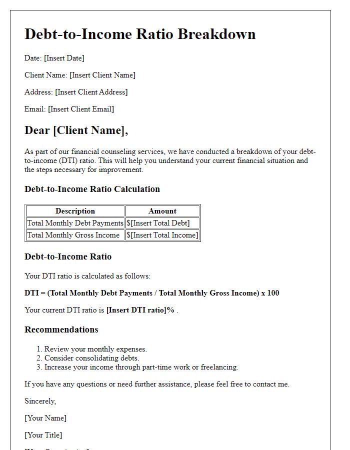 Letter template of debt-to-income ratio breakdown for financial counseling.