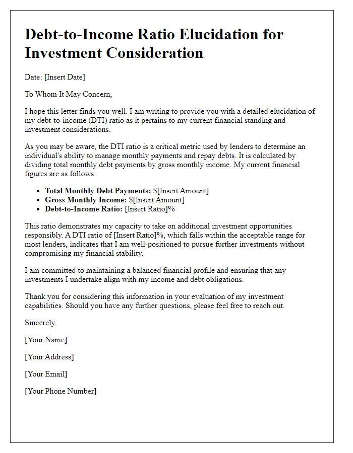 Letter template of debt-to-income ratio elucidation for investment consideration.