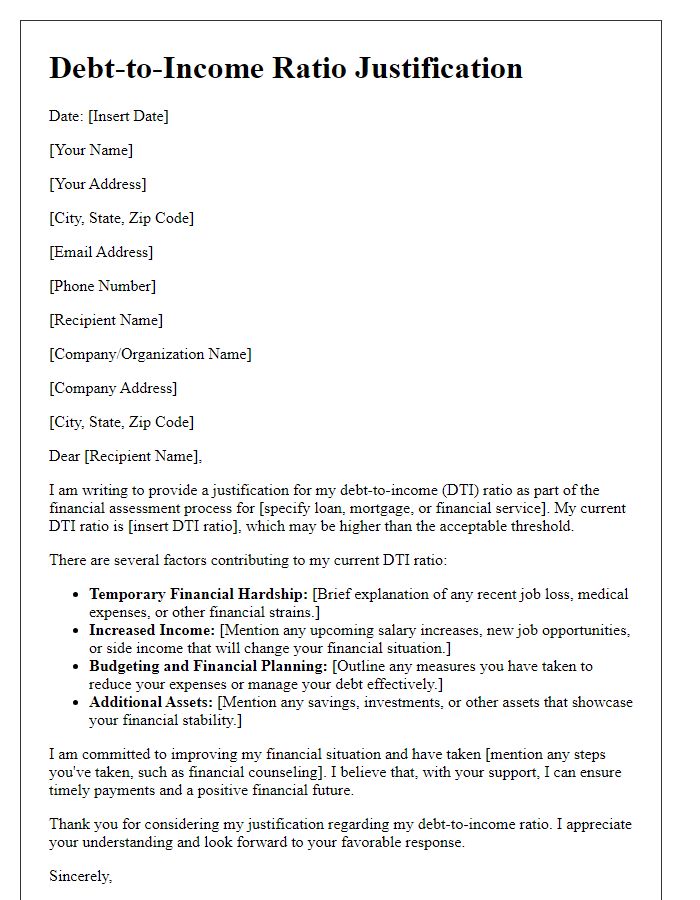 Letter template of debt-to-income ratio justification for financial assessment.