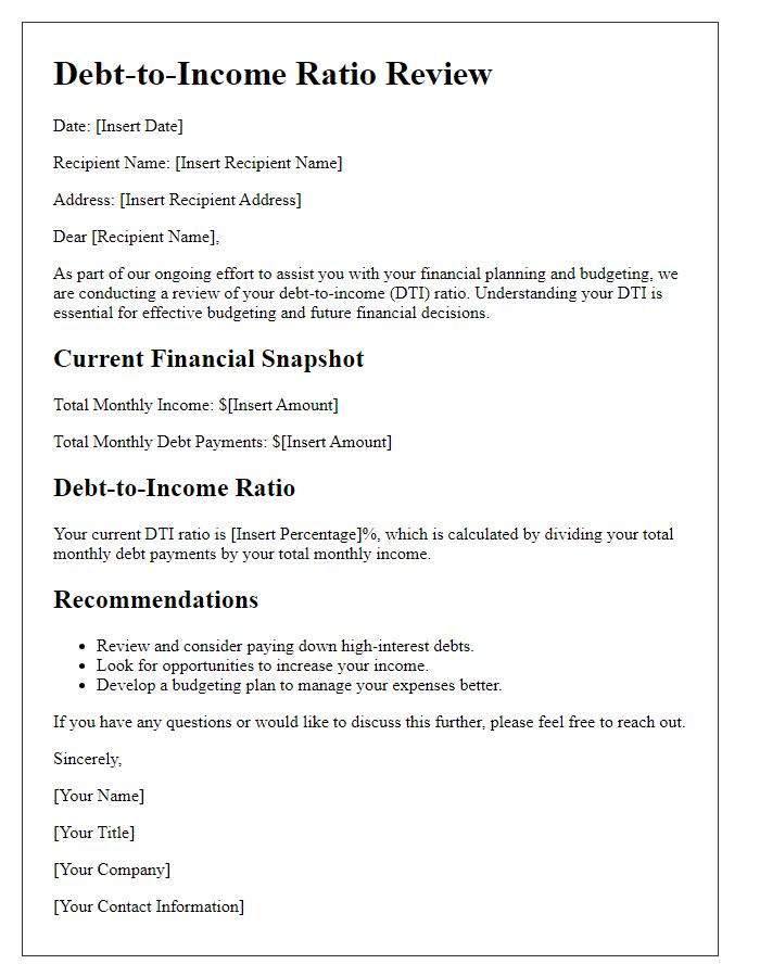 Letter template of debt-to-income ratio review for budgeting purposes.