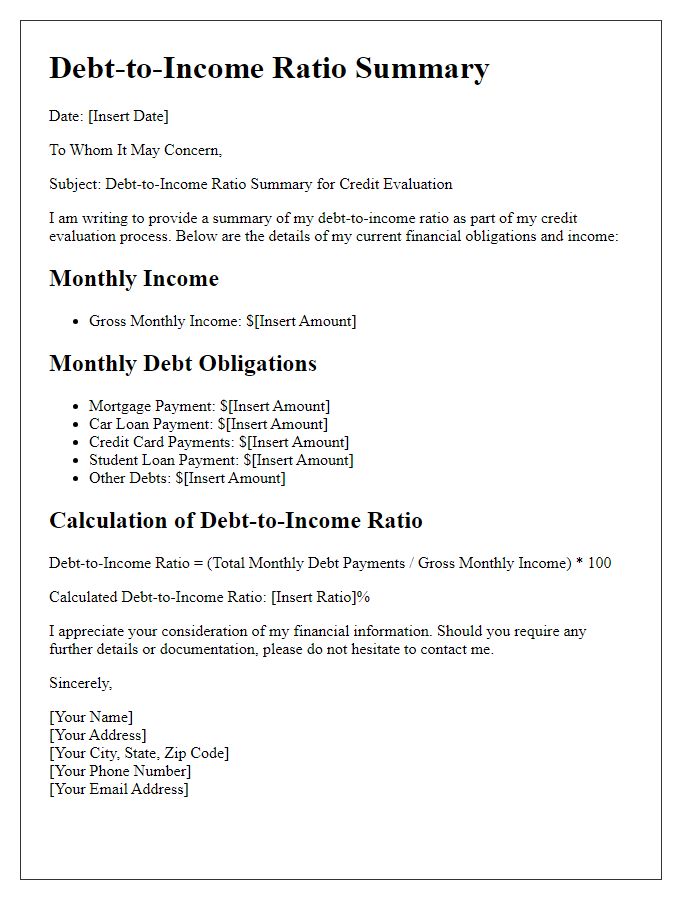 Letter template of debt-to-income ratio summary for credit evaluation.