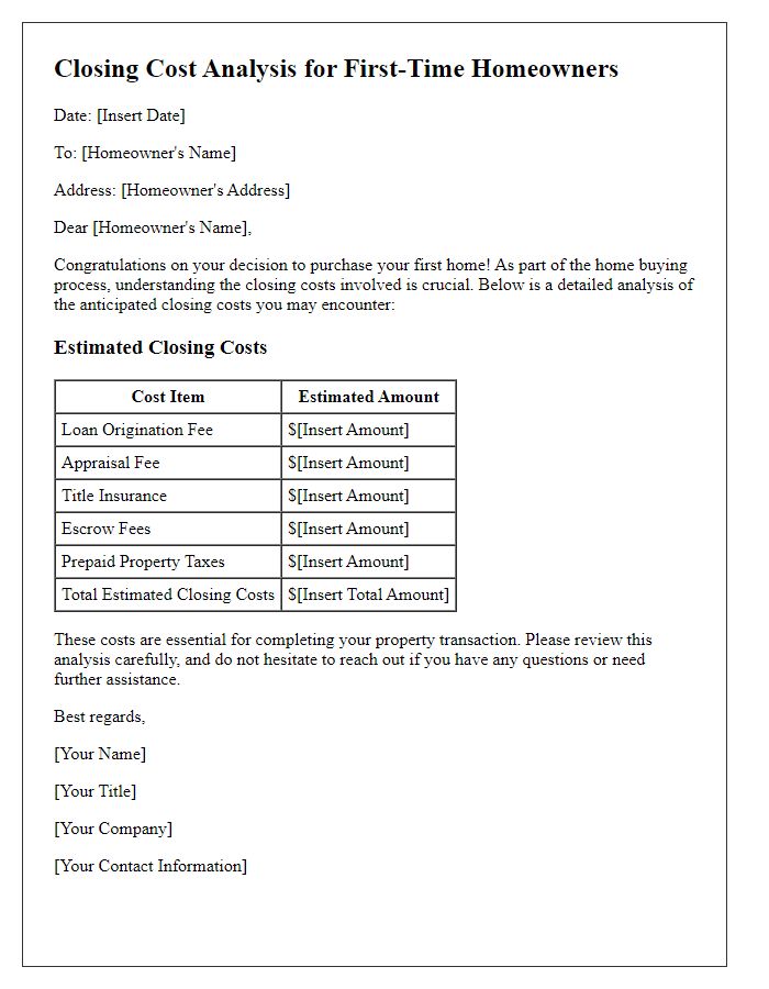 Letter template of closing cost analysis for first-time homeowners