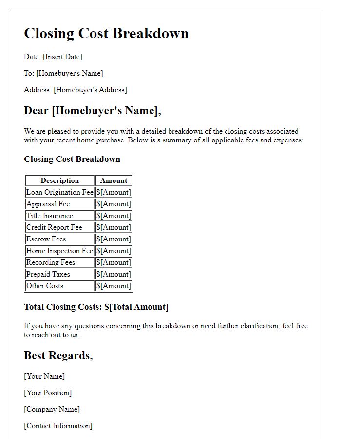 Letter template of closing cost breakdown for homebuyers