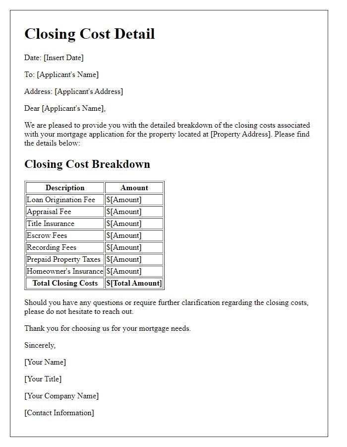 Letter template of closing cost detail for mortgage applicants