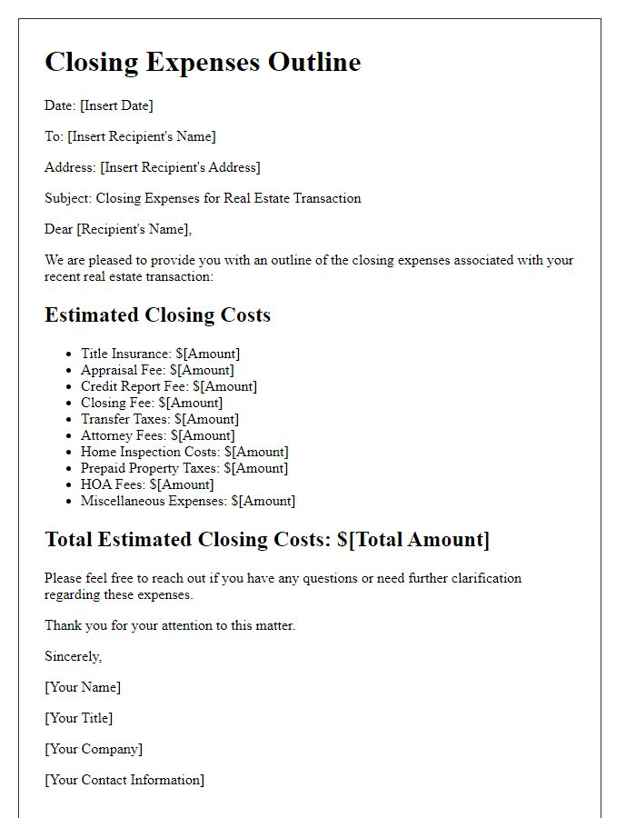 Letter template of closing expenses outline for real estate transactions