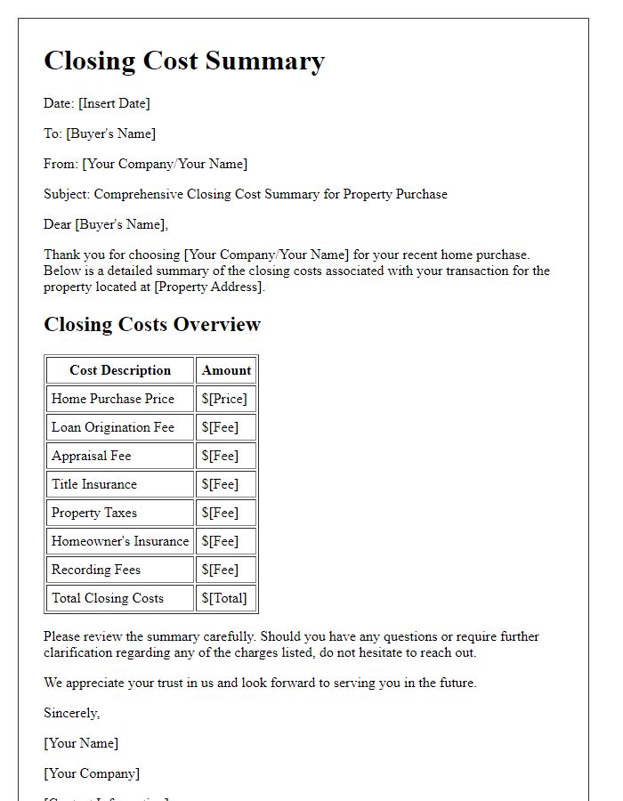 Letter template of comprehensive closing cost summary