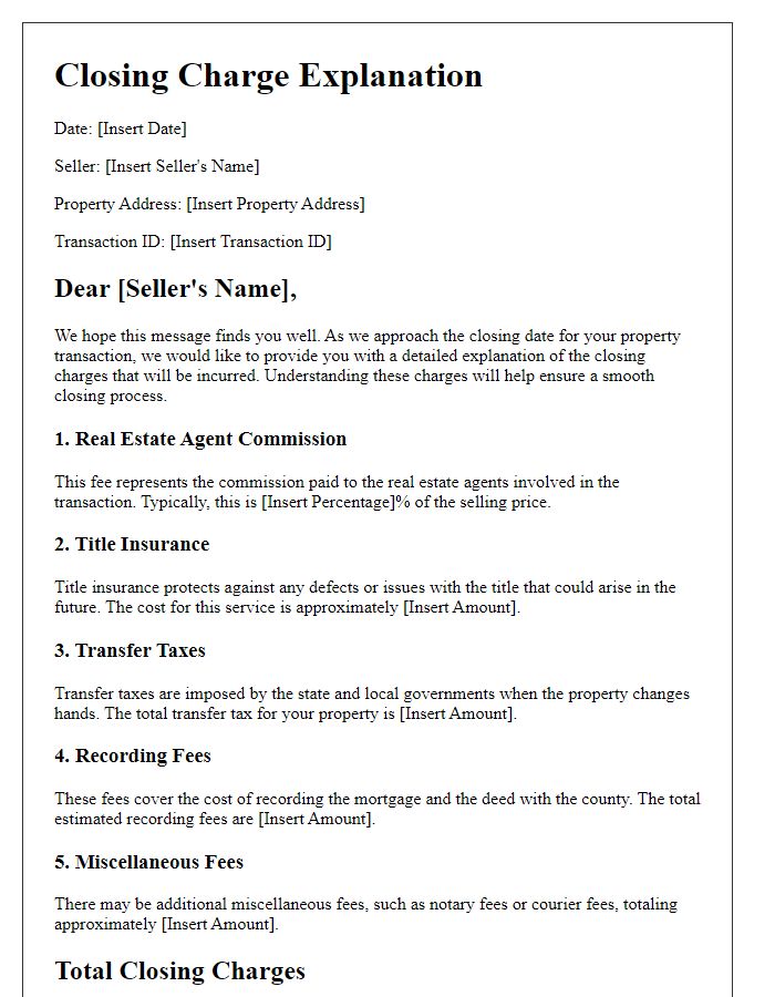 Letter template of detailed closing charge explanation for sellers